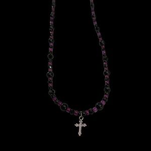 Black and Purple Beaded Necklace with Cross Pendant
